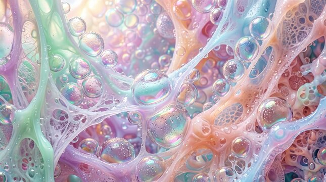 Abstract macro background of colorful pastel slime with iridescent bubbles.