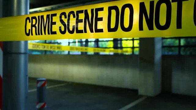 Yellow police tape reading Crime Scene Do Not Cross cordons off an empty, restricted area in an underground parking garage following a serious incident, awaiting investigation