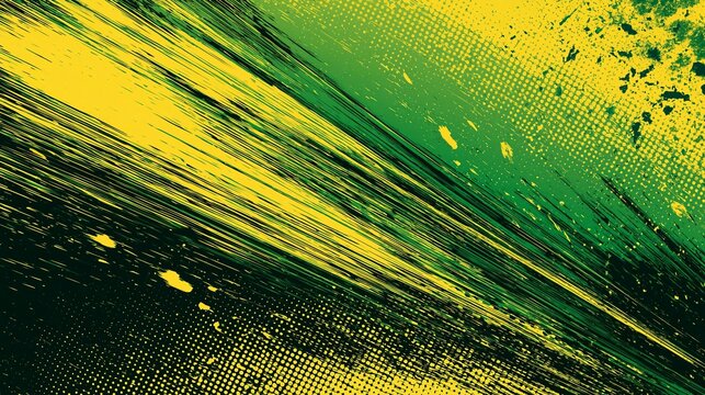 Vibrant abstract background featuring bold yellow and green diagonal brush strokes with textured halftone dot patterns