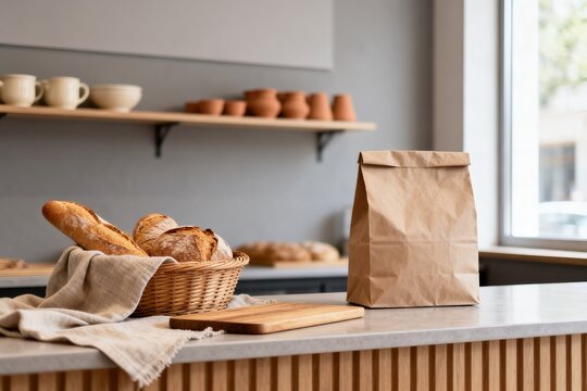 Fresh bread in basket with paper bag on kitchen counter