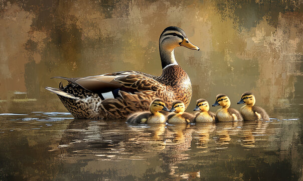 Mother Duck Leading Ducklings Swimming in Water