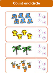 Naklejka premium Counting game of summer stuff for preschool kids. Printable. Vector Illustration