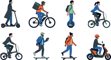 Urban eco micro mobility vector set people riding electric scooters bicycles skateboards unicycle delivery micro-transport icons © Shuvo