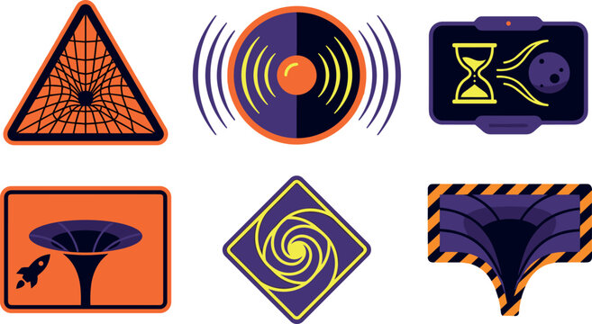 Sci-fi space hazard icon set black hole wormhole time dilation gravitational wave portal cosmic danger warning vector