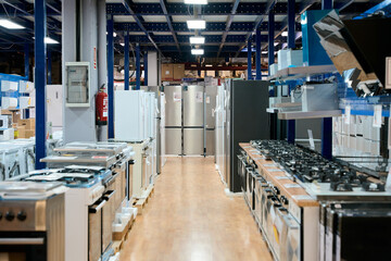 Appliance store showcasing refrigerators, ovens, and white goods