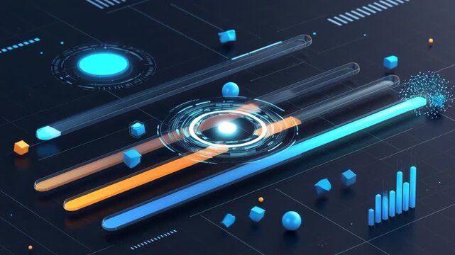 Colorful data bars and shapes in a futuristic graphic style on a dark interface background, concept of digital analytics