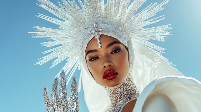 Glamorous Woman in Elaborate Headdress and Glittery Makeup, Fashion Portrait
