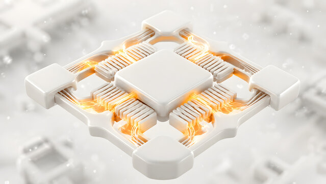 3D rendering of a MEMS gyroscope conceptual micro-mechanism, ethereal white ceramic and golden light electronic sensor abstract illustration