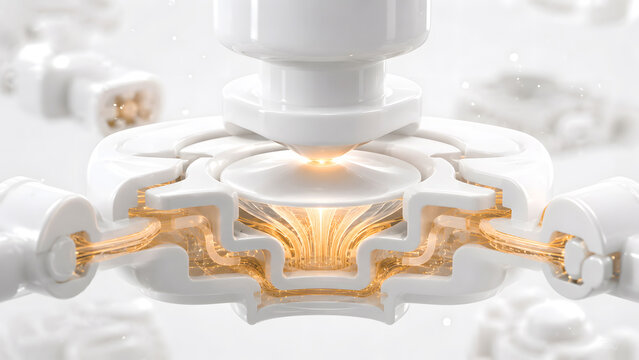 3D rendering of a piezoresistive pressure sensor conceptual illustration, medical bio-ceramic style micro-mechanism with golden light signal on high-key white background