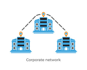 Naklejka premium Corporate network buildings, branches, office and centres vector, illustration. Number of branch offices connected with head office infographics.