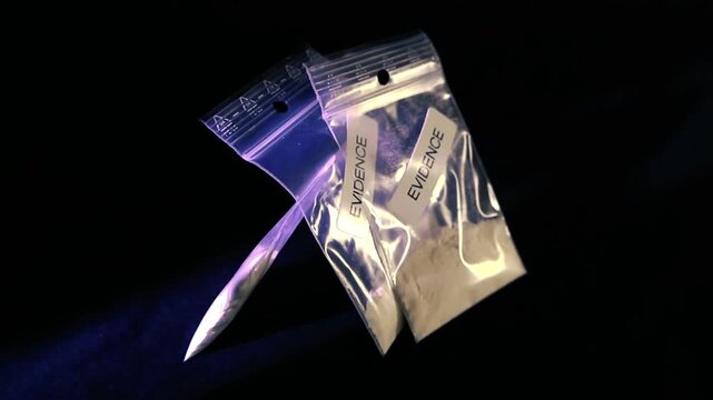 Small sealed evidence bags of white powder labeled and confiscated during a police drug operation, arranged on a black background to illustrate crime, trafficking and forensic seizure