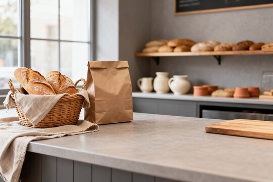 Fresh bread in basket on bakery counter with paper bag