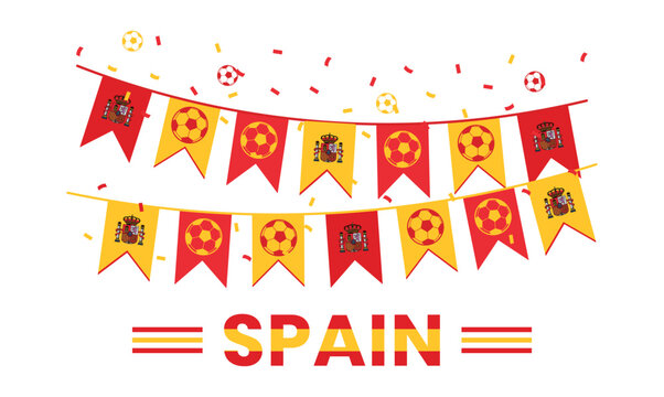 Spain Football Bunting Banner with National Flag Pennants, Soccer Elements and Championship Party Decoration Vector Illustration