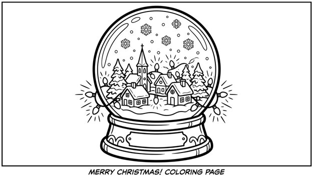 Hand drawn winter snow globe with a cozy village scene and festive fairy lights coloring page for kids and adults to enjoy during the holidays
