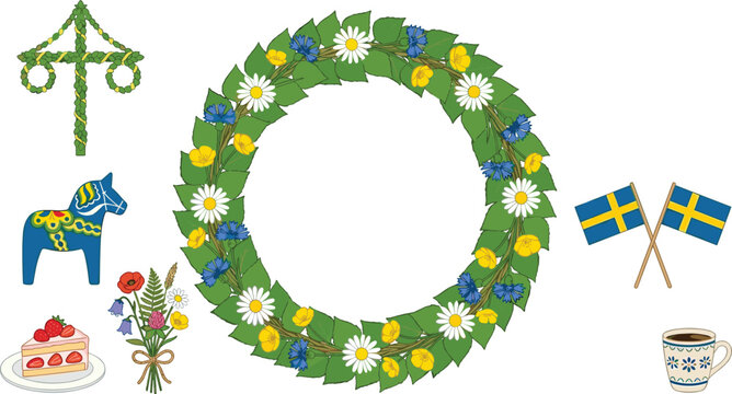 Swedish Midsummer Traditional Vector Celebration Element Set with Floral Wreath Maypole Dala Horse Sweden Flags Strawberry Cake and Wildflower Bouquet