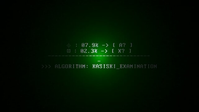 A green hacking console running code iterations and cryptographic analysis to decode a cipher text. Ideal for true crime documentaries and cybersecurity content.