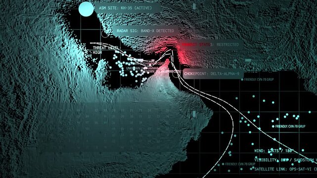 A tactical FUI satellite screen tracking naval ships and radar signatures across the Strait of Hormuz. Perfect for global news and geopolitics.