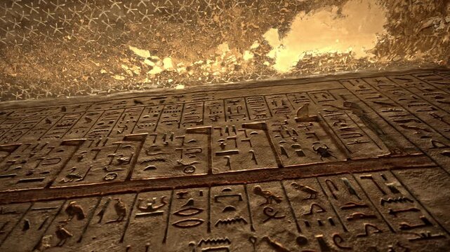 This interior video clip captures a detailed, upward-angle view of the masterfully carved limestone walls inside the Tomb of Ramesses IV (KV2) in Luxor, Egypt.