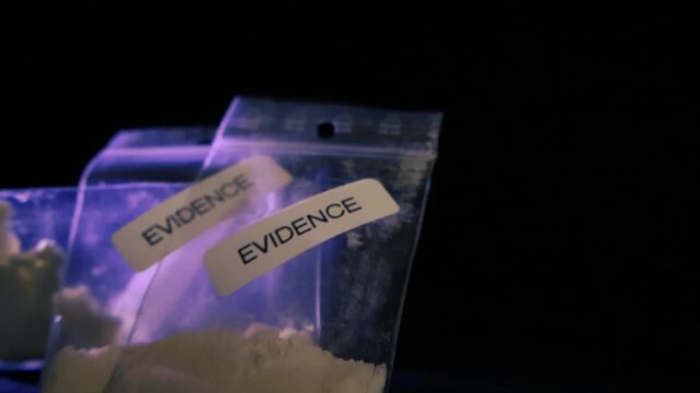 Plastic bags containing a white powder like cocaine or heroin, marked as evidence from a police investigation and drug bust, illuminated by a blue light against a dark background