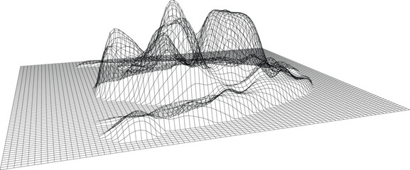3d wireframe landscape terrain map, abstract digital topography surface with mountains and valleys, vector illustration of a geographic relief © Neostocker