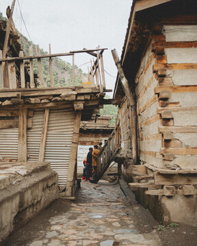 Kalash Valley Street Scene, Old Wooden Houses and Authentic Village Life in Pakistan