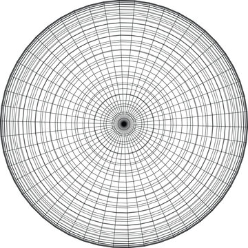 Abstract geometric circular pattern with radial lines and concentric rings, monochrome wireframe sphere or target design element