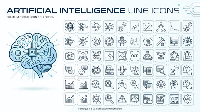 Artificial intelligence line icons set machine learning and neural network symbols
