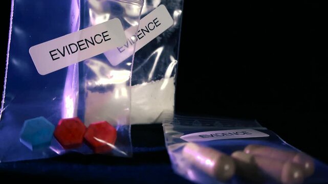 Different types of illegal substances, including ecstasy pills, cocaine powder, and capsules, seized by law enforcement and stored in transparent evidence bags against a black background