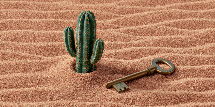 A small green cactus stands tall in rippling desert sand next to an antique key