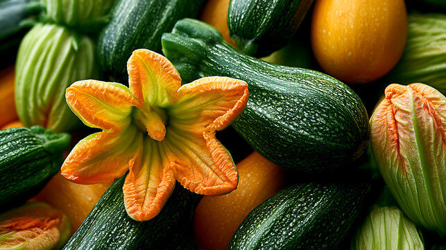 A single loofah flower stands amidst a pile of mixed green and yellow loofahs