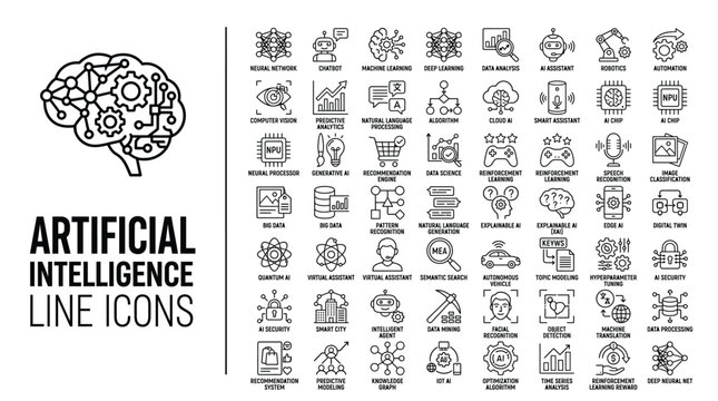 Artificial intelligence line icons set, ai technology and machine learning vector symbols