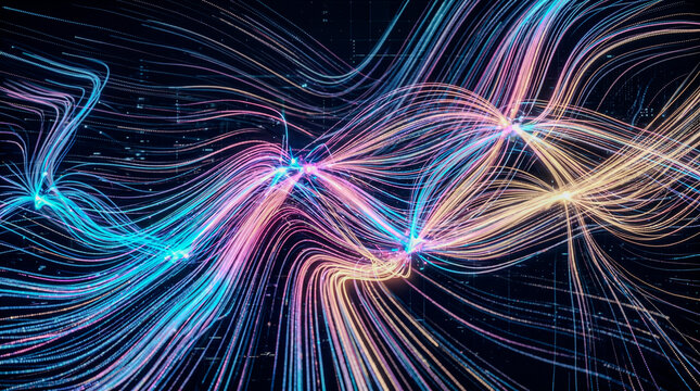 Iridescent holographic particle streams blue pink gold on black, AI neural background