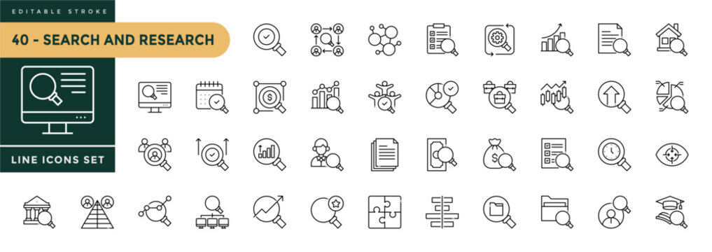 A collection of Search icons set with editable stroke, including  magnifying glass, monitoring, analysis, find, research, SEO, inspector, investigate. Thin linear vector illustration.