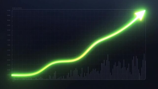 Glowing upward line chart with bright arrow in stylized graphic on dark backdrop, concept of growth and progress