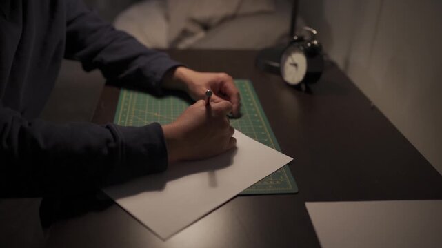 A dim indoor desk scene shows a person writing or sketching on paper near a cutting mat and an analog alarm clock.