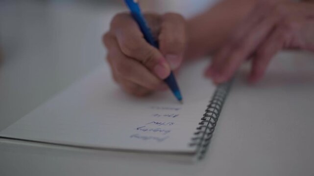 A close-up shot shows a person writing a short list in a lined spiral notebook using a blue pencil or pen. The minimal tabletop composition works well for planning, journaling and note-taking