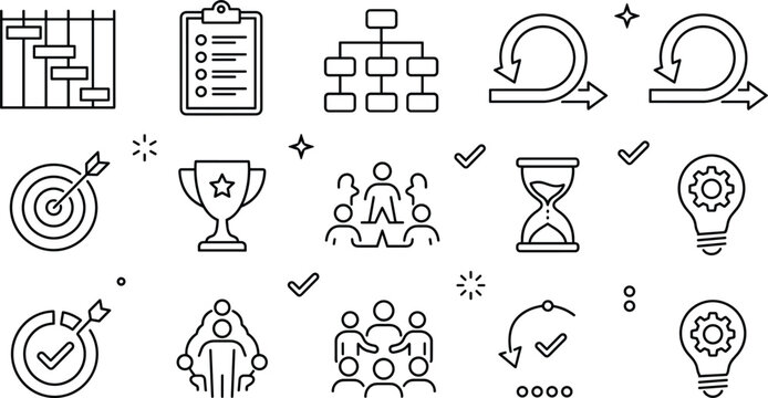 Agile project management and scrum workflow line icon set featuring timeline hierarchy teamwork planning goal and strategy elements