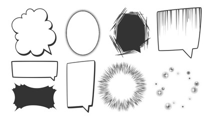 Obraz premium Comic speech bubbles, manga cartoon dialogue frames. Vector templates for text, conversation bursts, thought balloons in retro pop art style. Anime 3d talk boxes wirh shining stars, serifs, doodle set