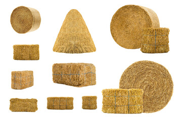 Set of hay bales and straw stacks on a transparent background. © fotomaster