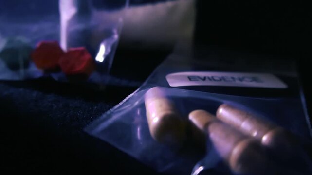 Small transparent evidence bags containing confiscated illegal drugs, including colorful pills, capsules, and white powder, lying on a table as part of a criminal investigation or police bust