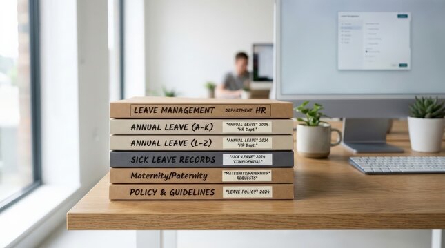 Files labeled leave management and sick leave records sit on an office desk, symbolizing the documentation managed by HR when staff members decide to quit their job