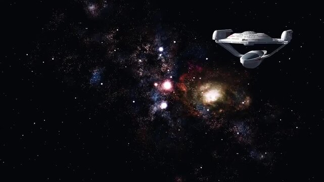 Spaceship flying through space above Earth in a starry galaxy universe with nebula, stars, comets and cosmic light