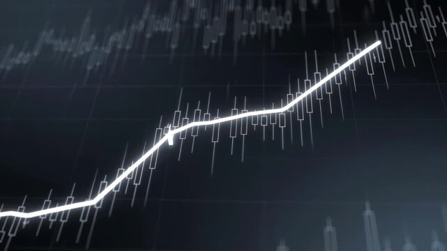 Glowing upward financial line over candlestick chart in clean digital style on dark backdrop, concept of market growth
