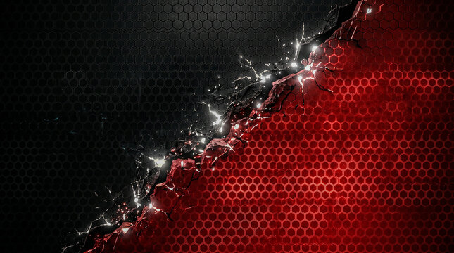 Black hex grid diagonal fractured red breach zone glowing, cybersecurity alert background