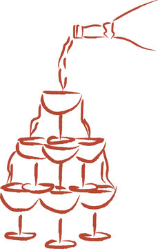 Hand drawn champagne tower pyramid with wine pouring from a bottle isolated on white. A whimsical brush stroke celebratory illustration for wedding receptions, New Year's Eve, romantic events. Vector.