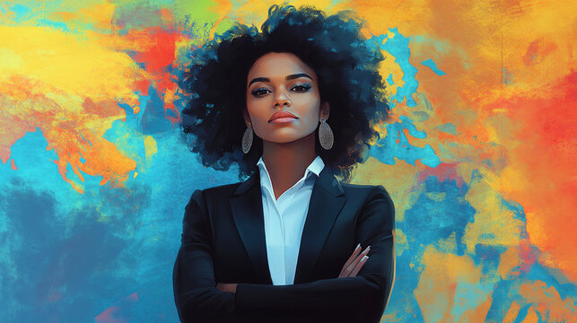 Confident Black Woman in Business Suit, Arms Crossed, Vibrant Abstract Background