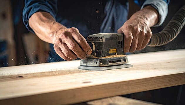 Carpenter Using Electric Sander on Wooden Surface in Workshop