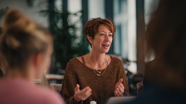 Woman manager leading a corporate team meeting in an office. Businesswoman talking to colleagues during a collaborative brainstorm session. Professional communication and leadership concept.