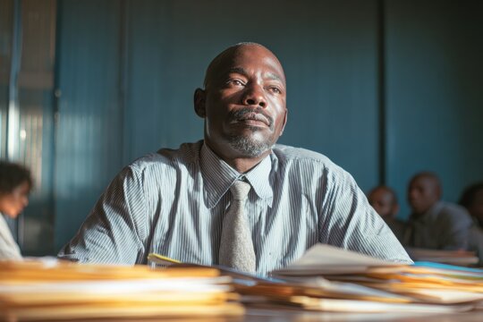 African american man in a shirt and tie sitting at a desk with paperwork. Serious office worker focused on tasks. Corporate employee in a professional office environment.