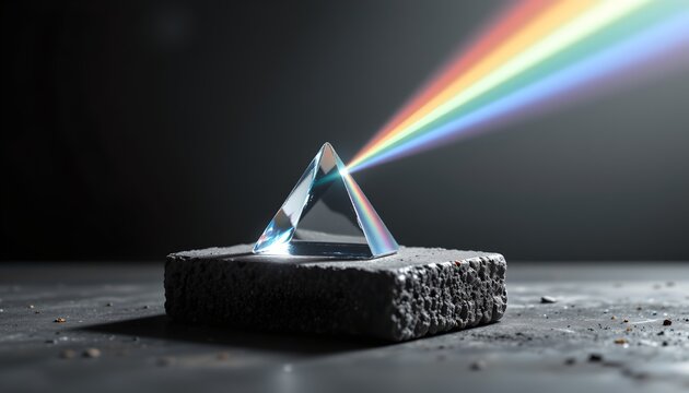 A clear, triangular prism rests on a textured, black base in a dark setting. Light passes through the prism, dispersing into a spectrum of colors that fan outward in a curved arc